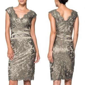Tadashi Shoji Paillette Embroidered Lace Dress Smoke Pearl 12